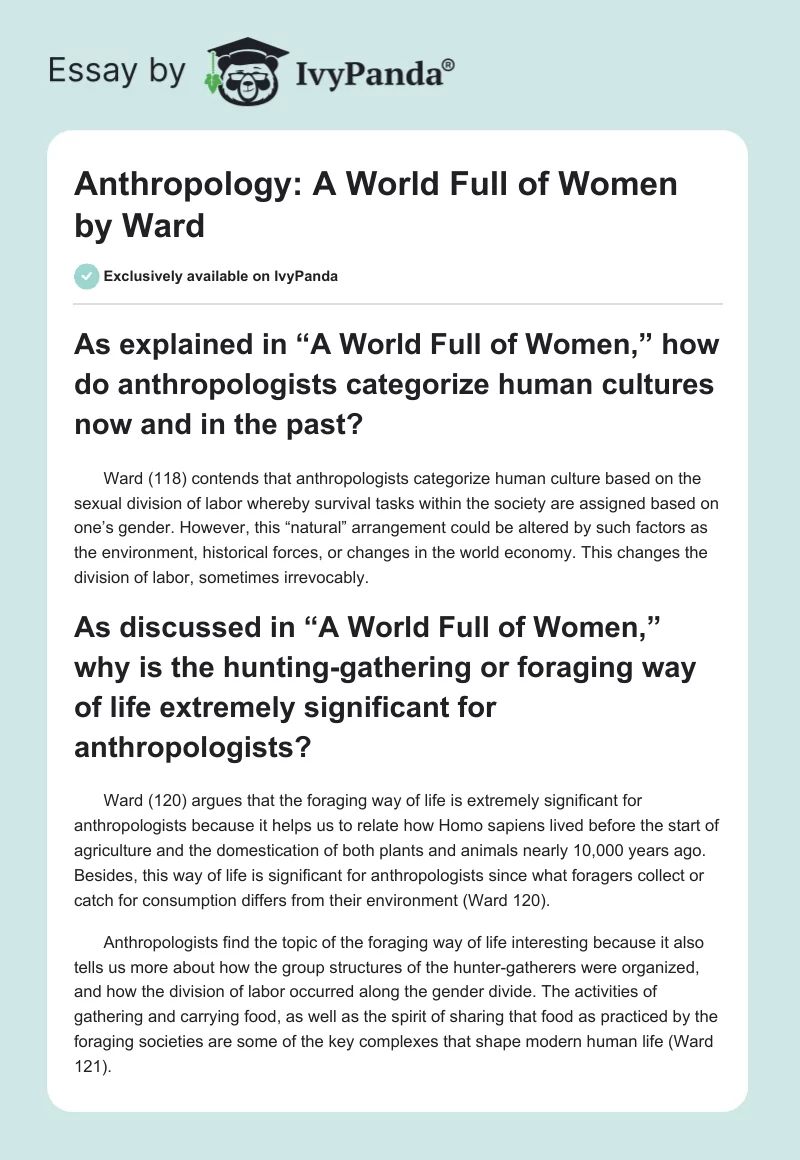 Anthropology: "A World Full of Women" by Ward. Page 1