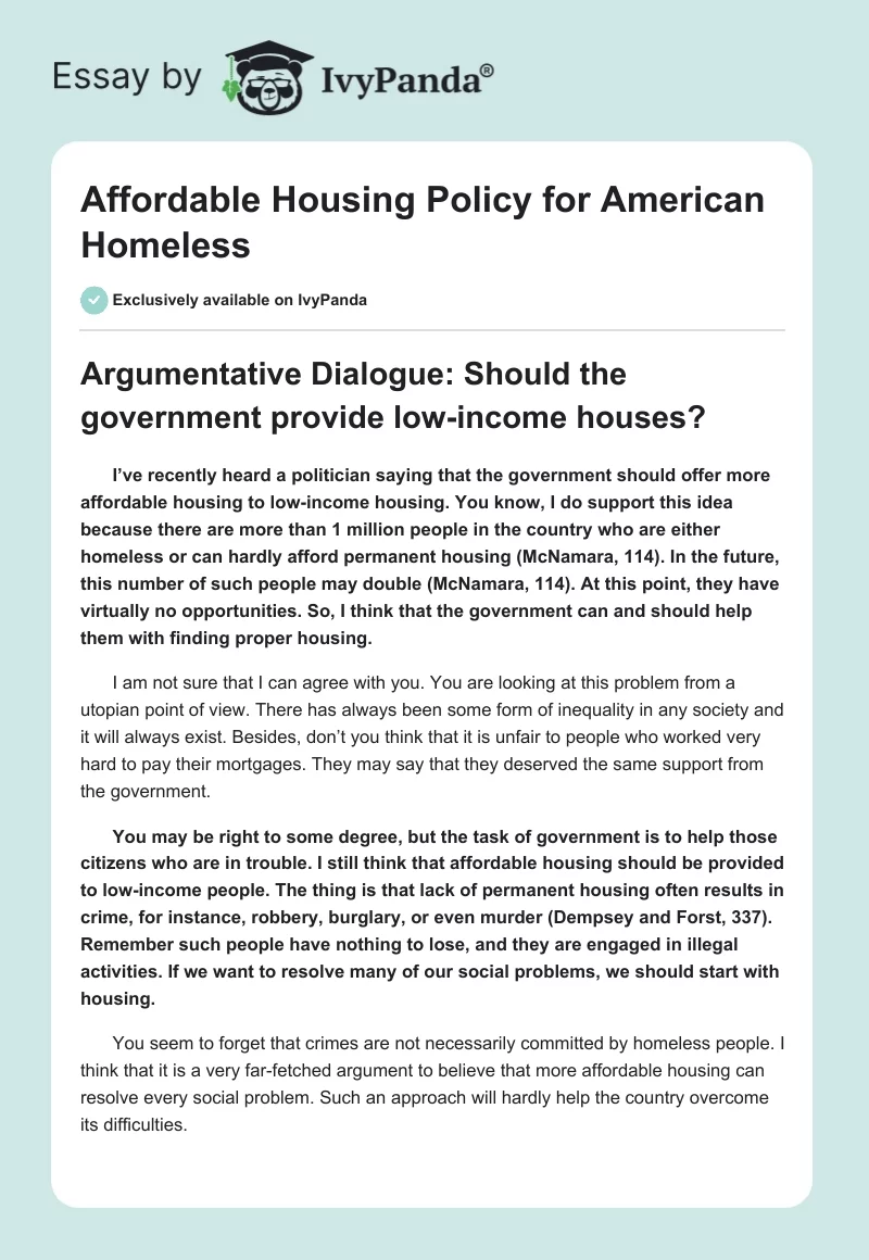 Affordable Housing Policy for American Homeless. Page 1