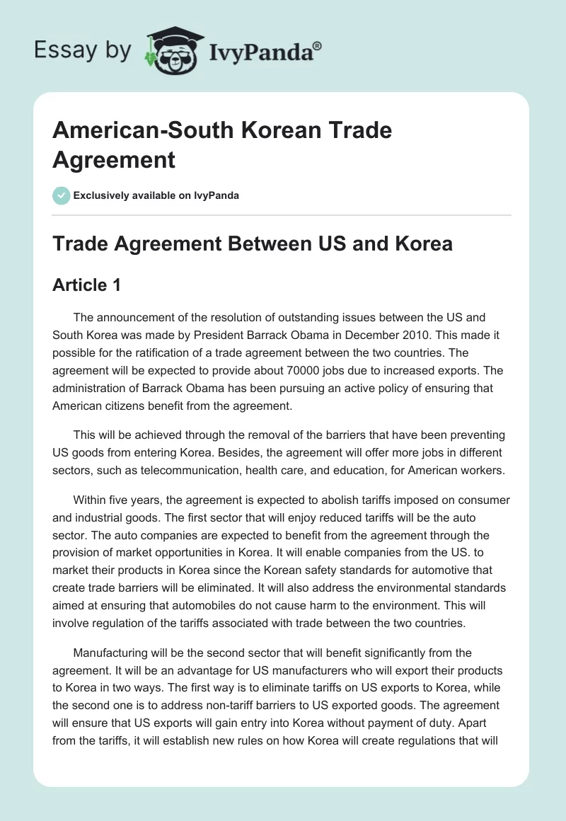 American-South Korean Trade Agreement. Page 1