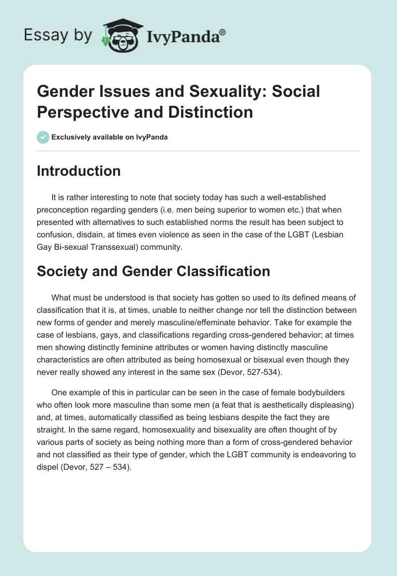 Gender Issues and Sexuality: Social Perspective and Distinction. Page 1