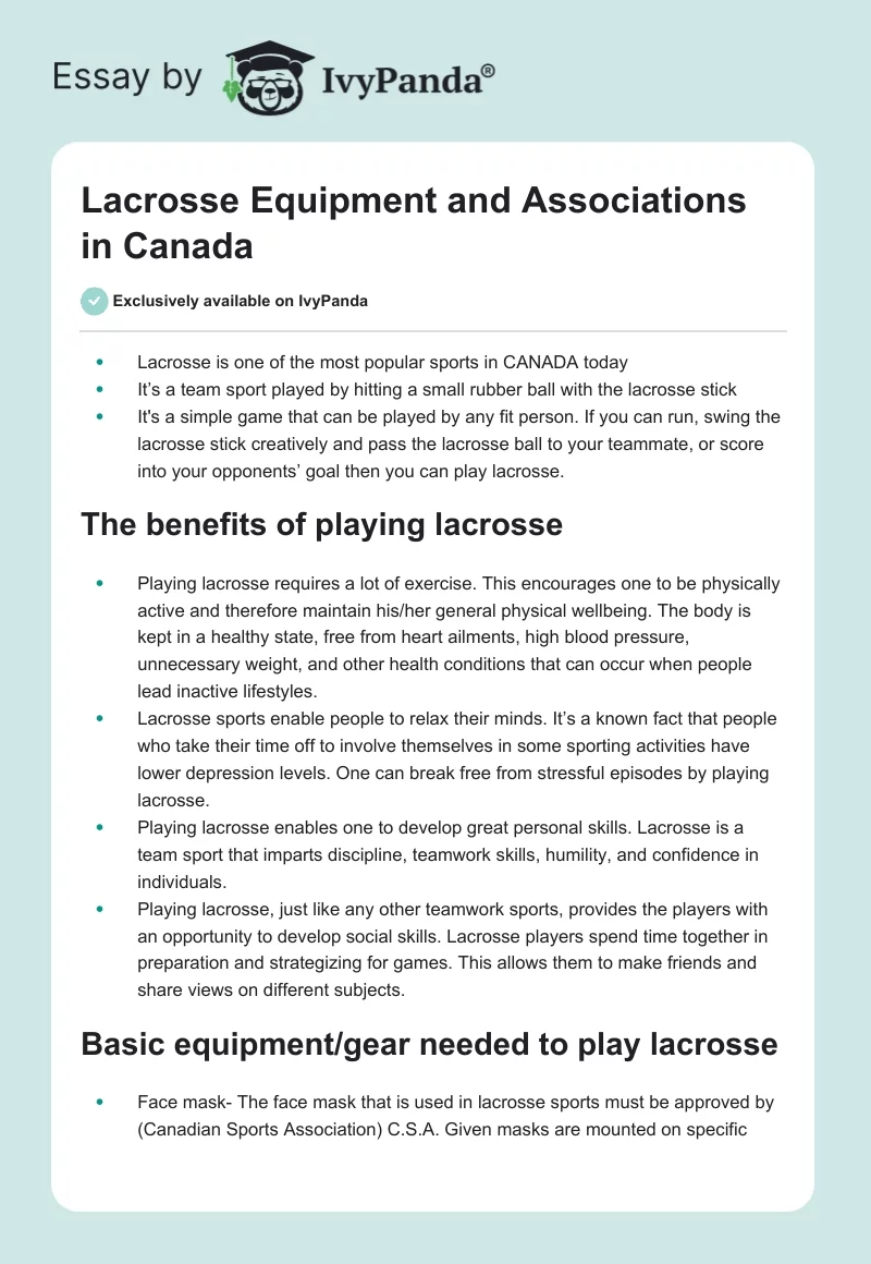 Lacrosse Equipment and Associations in Canada. Page 1