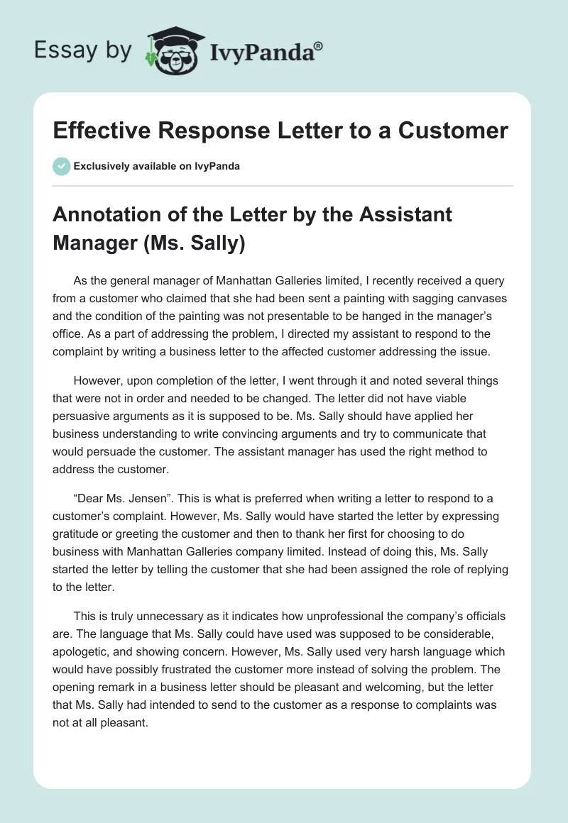 Effective Response Letter to a Customer. Page 1