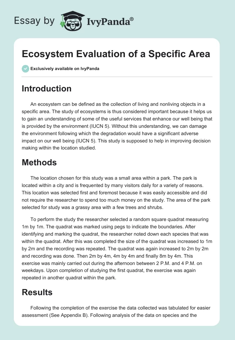 Ecosystem Evaluation of a Specific Area. Page 1