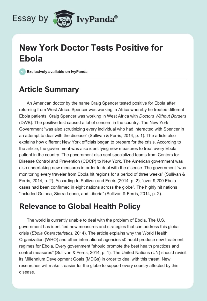 New York Doctor Tests Positive for Ebola. Page 1