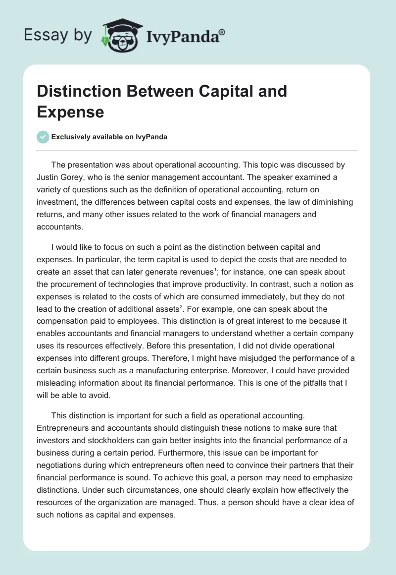 Distinction Between Capital and Expense. Page 1