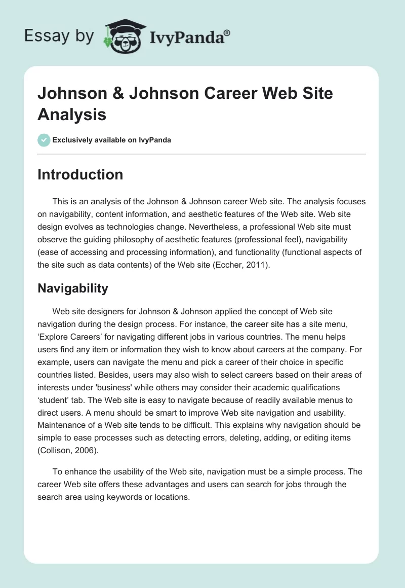 Johnson & Johnson Career Web Site Analysis. Page 1