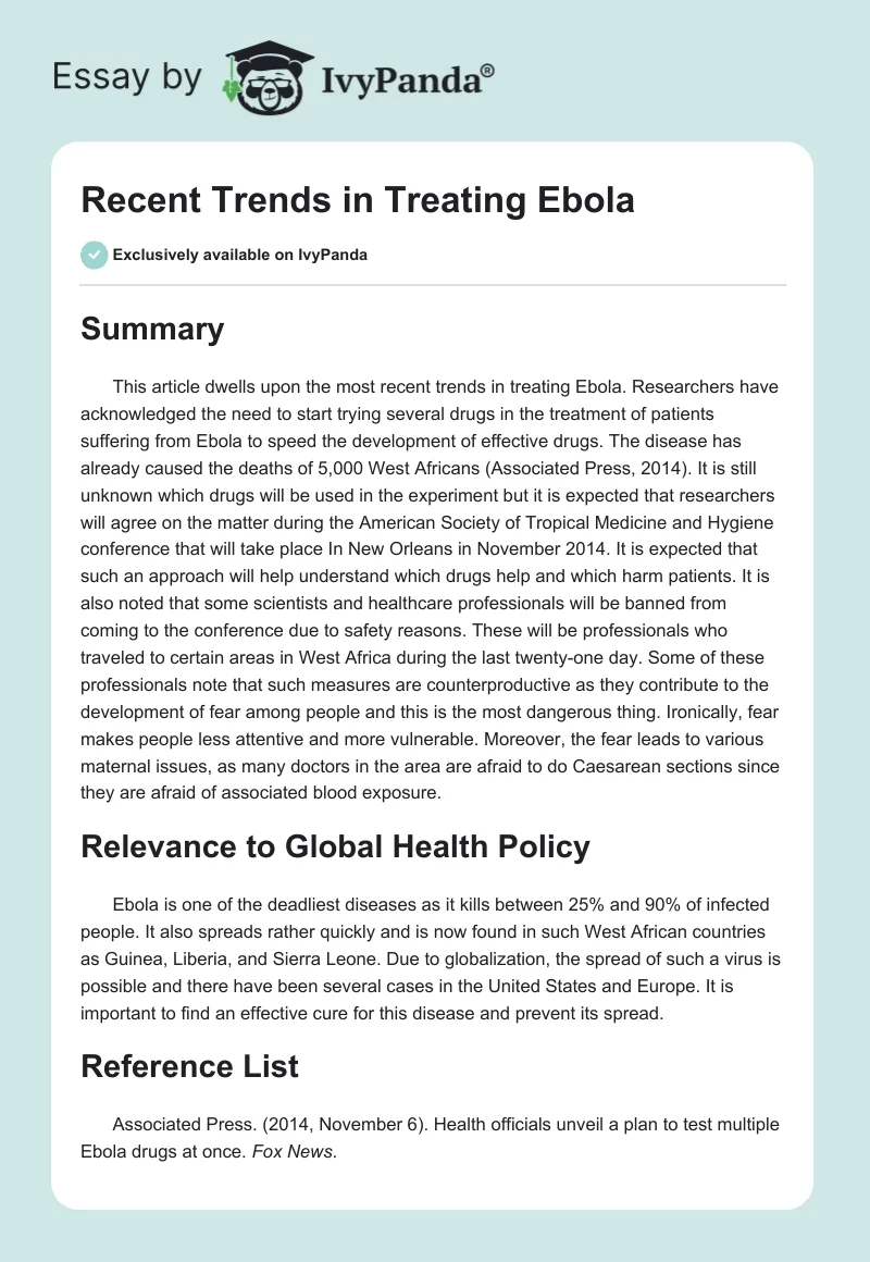 Recent Trends in Treating Ebola. Page 1