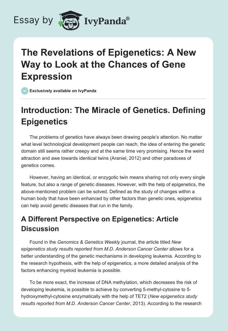 The Revelations of Epigenetics: A New Way to Look at the Chances of Gene Expression. Page 1
