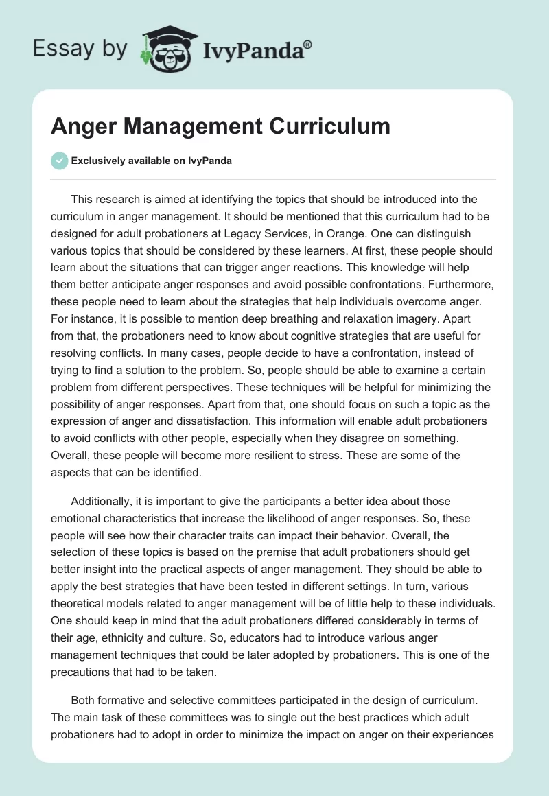 Anger Management Curriculum. Page 1