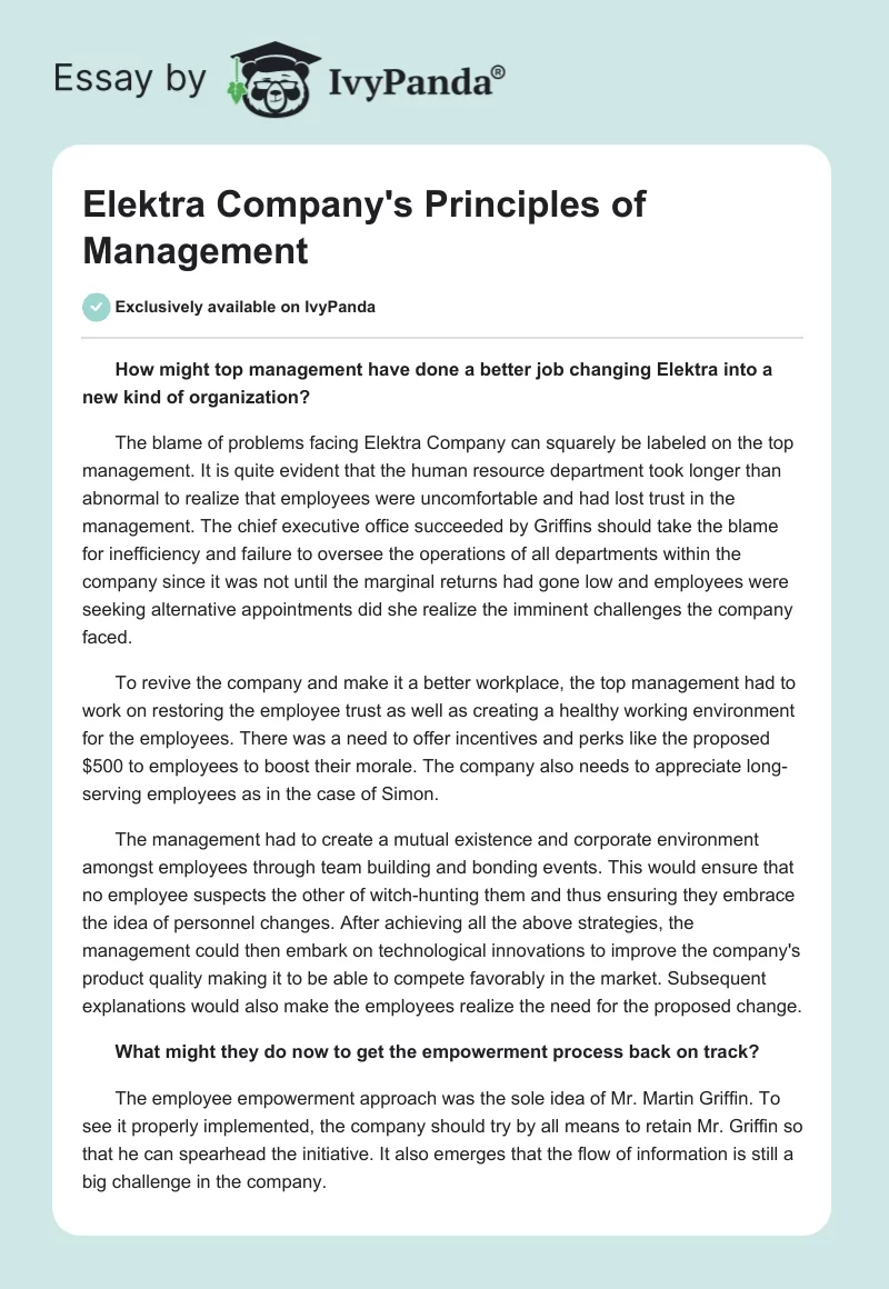 Elektra Company's Principles of Management. Page 1