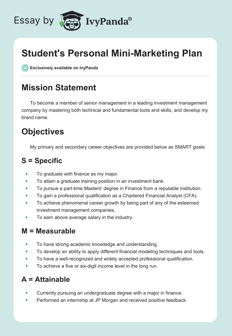 Student's Personal Mini-Marketing Plan. Page 1