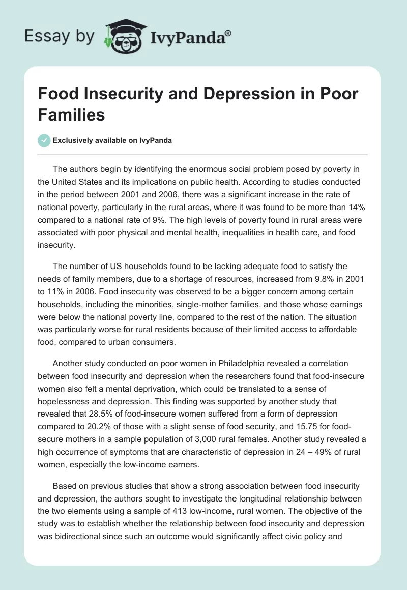 Food Insecurity and Depression in Poor Families. Page 1