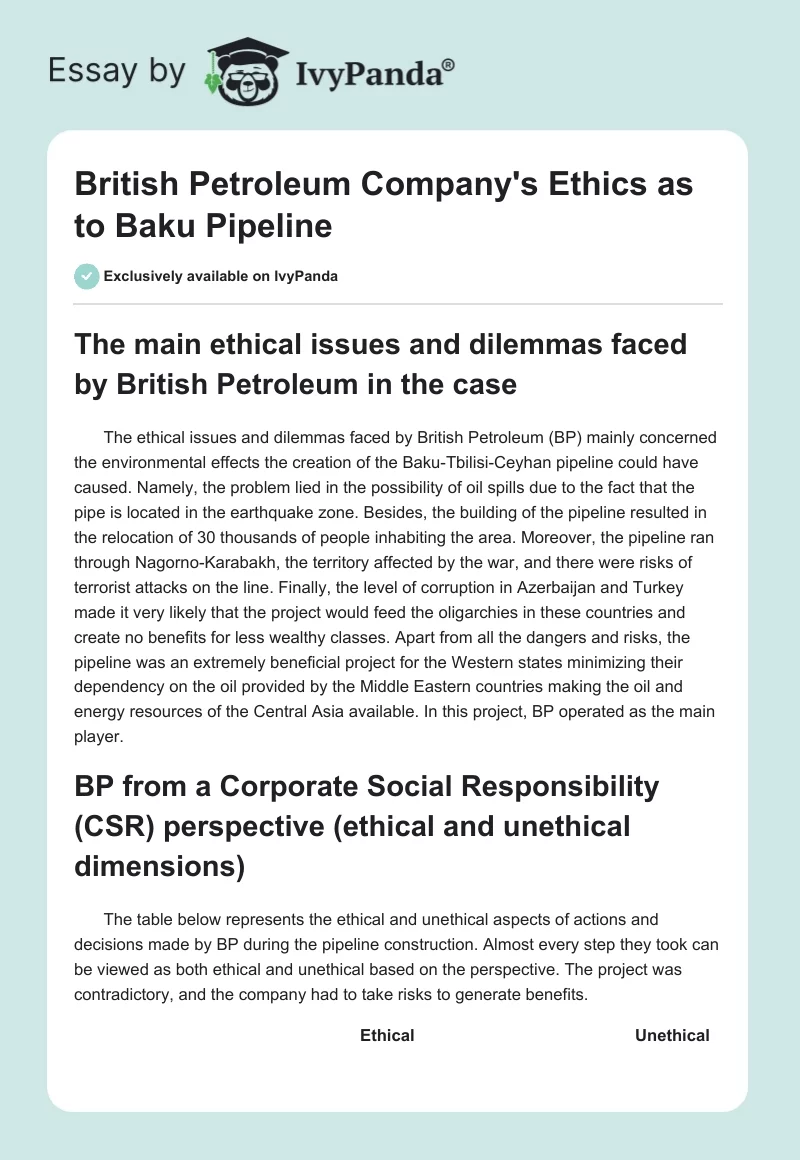 British Petroleum Company's Ethics as to Baku Pipeline. Page 1