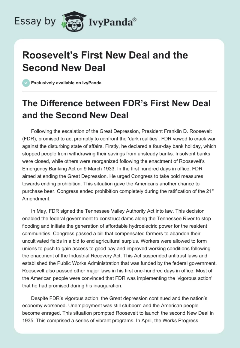 Roosevelt’s First New Deal and the Second New Deal. Page 1