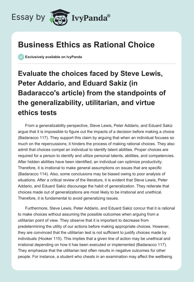 Business Ethics as Rational Choice. Page 1
