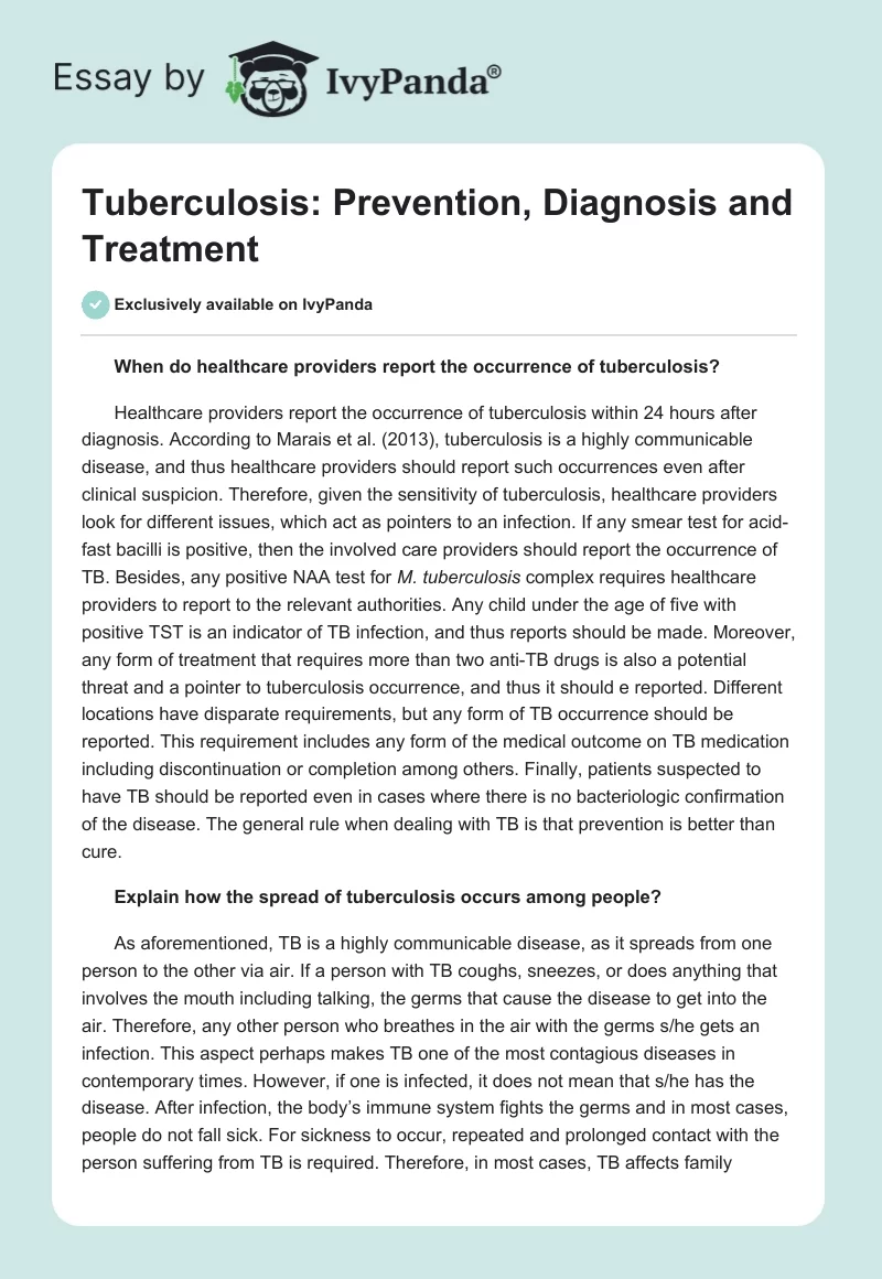 Tuberculosis: Prevention, Diagnosis and Treatment. Page 1