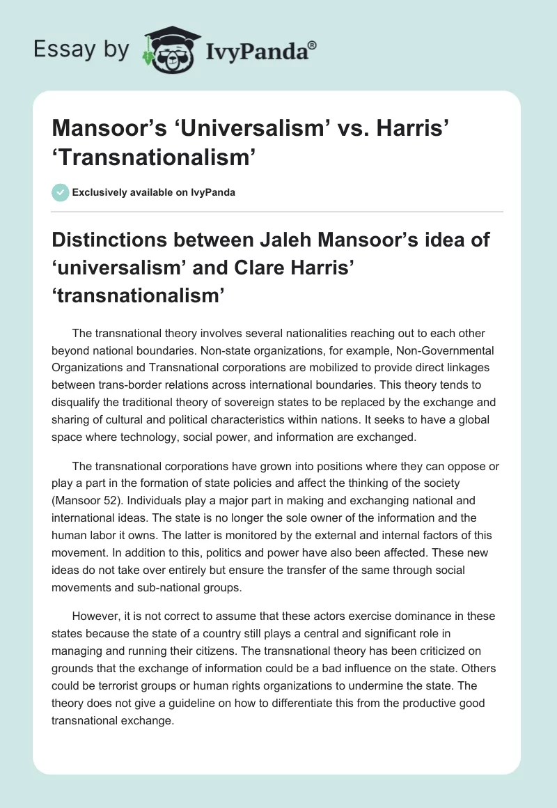 Mansoor’s ‘Universalism’ vs. Harris’ ‘Transnationalism’. Page 1