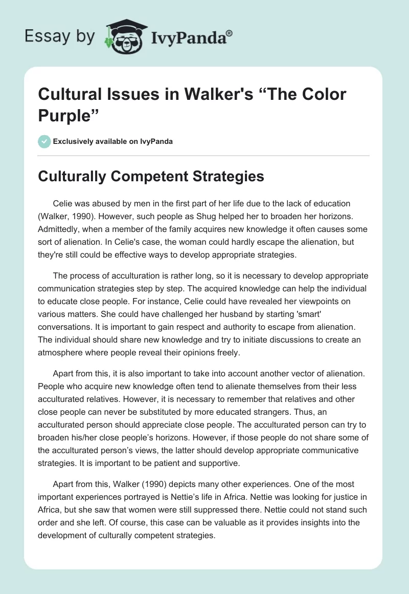 Cultural Issues in Walker's “The Color Purple”. Page 1