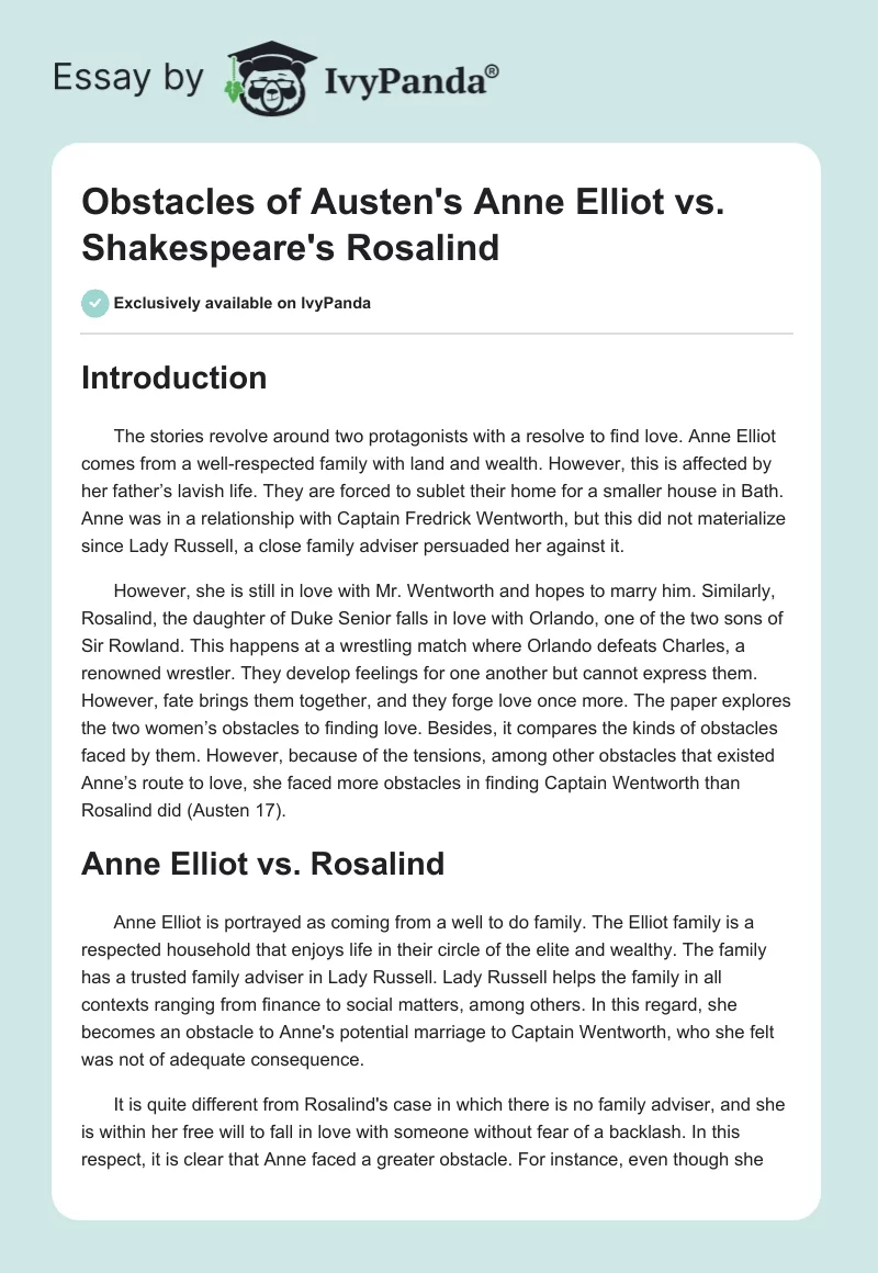 Obstacles of Austen's Anne Elliot vs. Shakespeare's Rosalind. Page 1