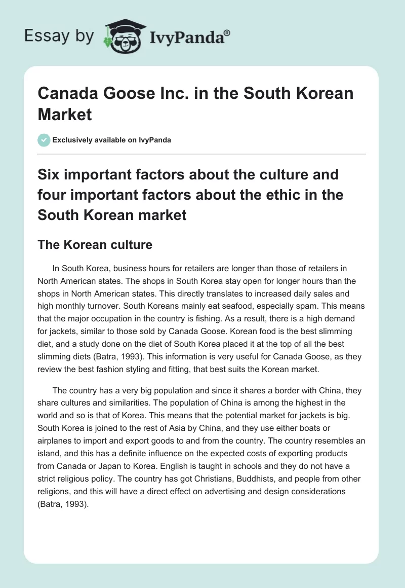 Canada Goose Inc. in the South Korean Market. Page 1