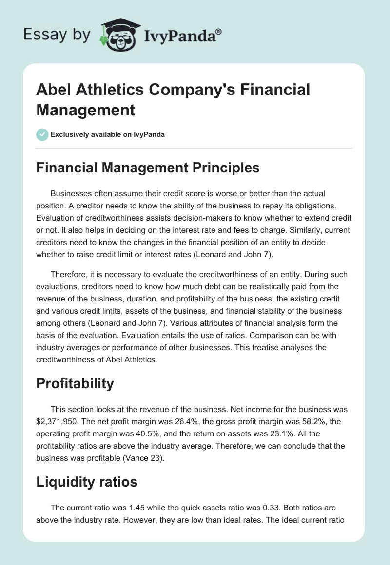 Abel Athletics Company's Financial Management. Page 1