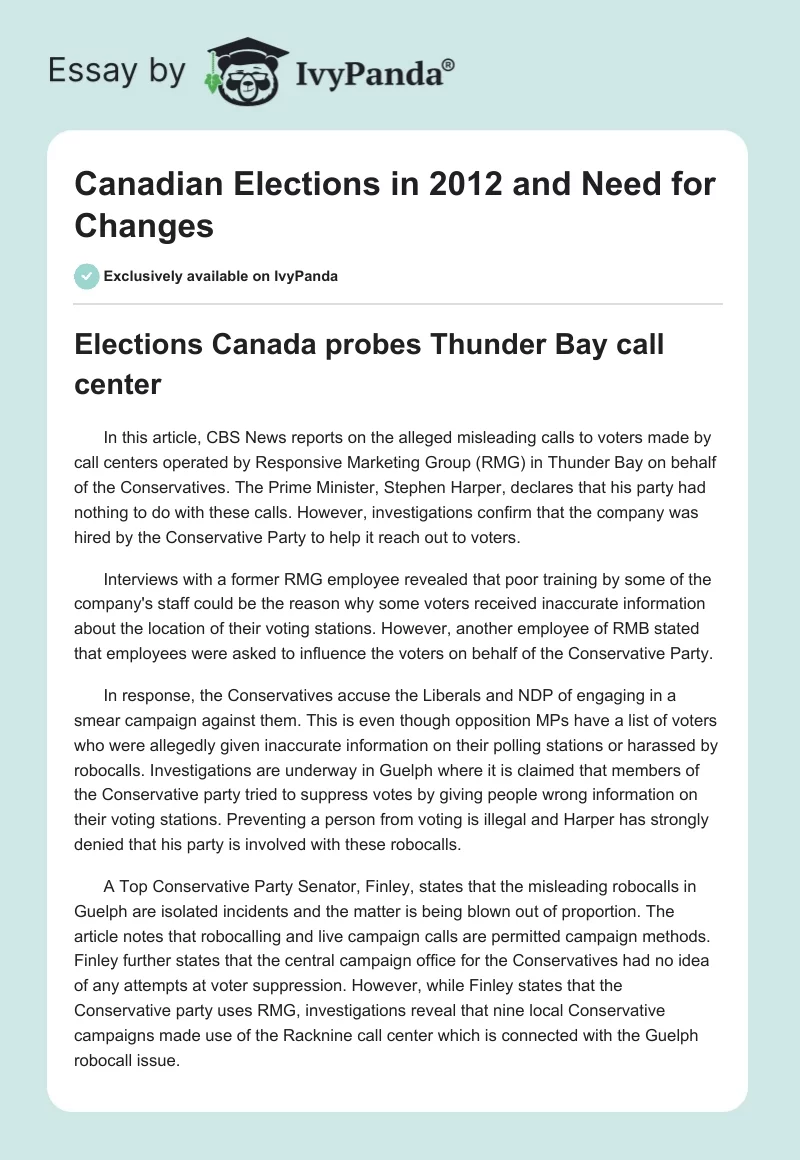 Canadian Elections in 2012 and Need for Changes. Page 1