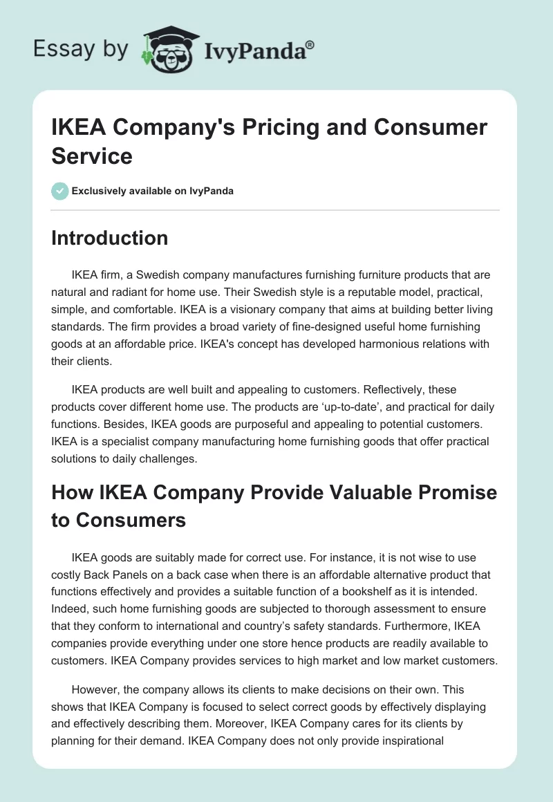 IKEA Company's Pricing and Consumer Service. Page 1
