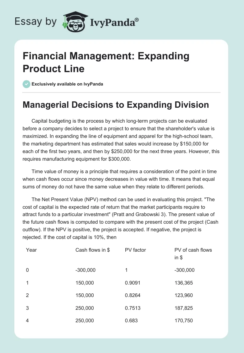 Financial Management: Expanding Product Line. Page 1