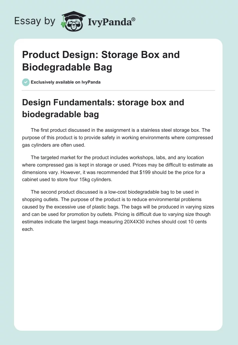 Product Design: Storage Box and Biodegradable Bag. Page 1