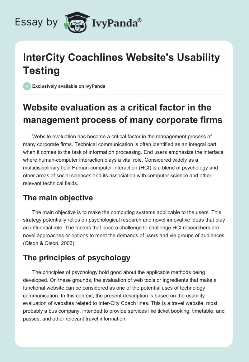 InterCity Coachlines Website's Usability Testing. Page 1