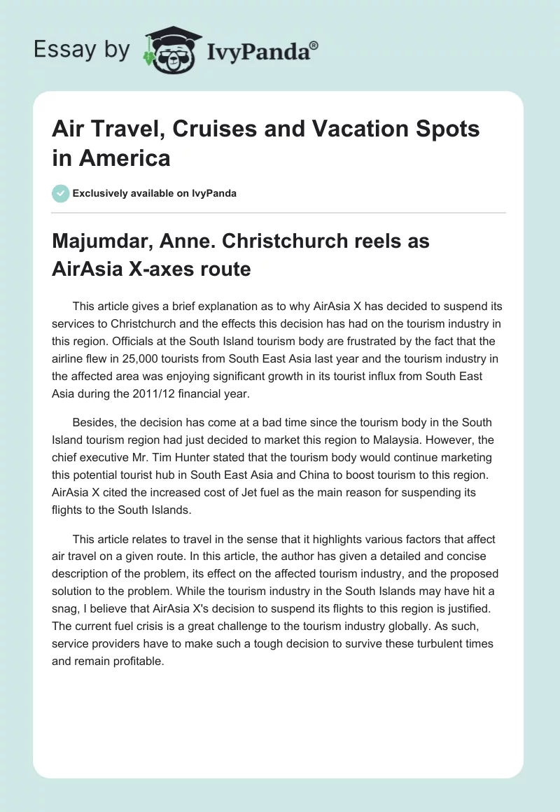 Air Travel, Cruises and Vacation Spots in America. Page 1