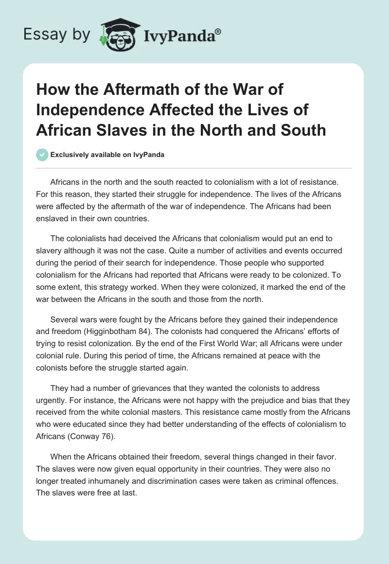 How the Aftermath of the War of Independence Affected the Lives of African Slaves in the North and South. Page 1