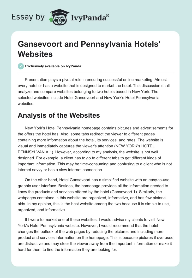 Gansevoort and Pennsylvania Hotels' Websites. Page 1