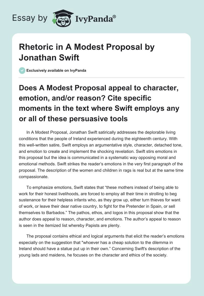 Rhetoric in "A Modest Proposal" by Jonathan Swift. Page 1