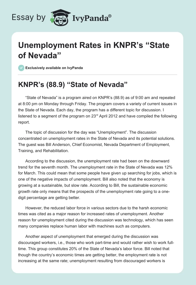 Unemployment Rates in KNPR’s “State of Nevada”. Page 1