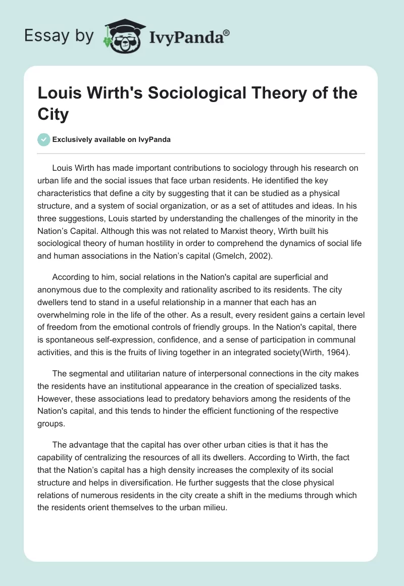 Louis Wirth's Sociological Theory of the City. Page 1