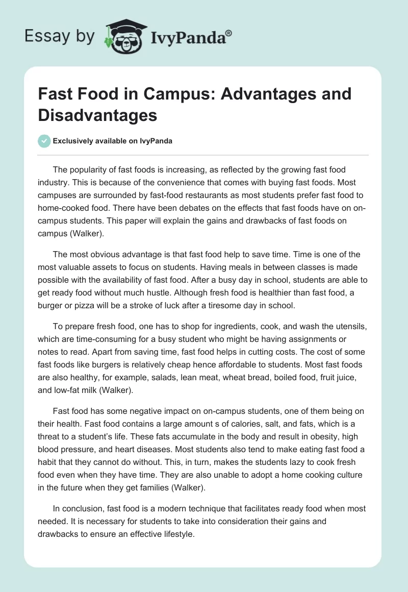 Fast Food in Campus: Advantages and Disadvantages. Page 1