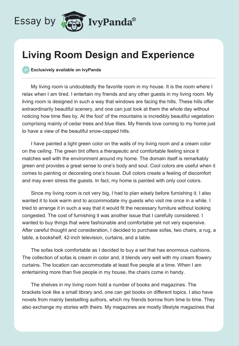 Living Room Design and Experience - 574 Words | Essay Example
