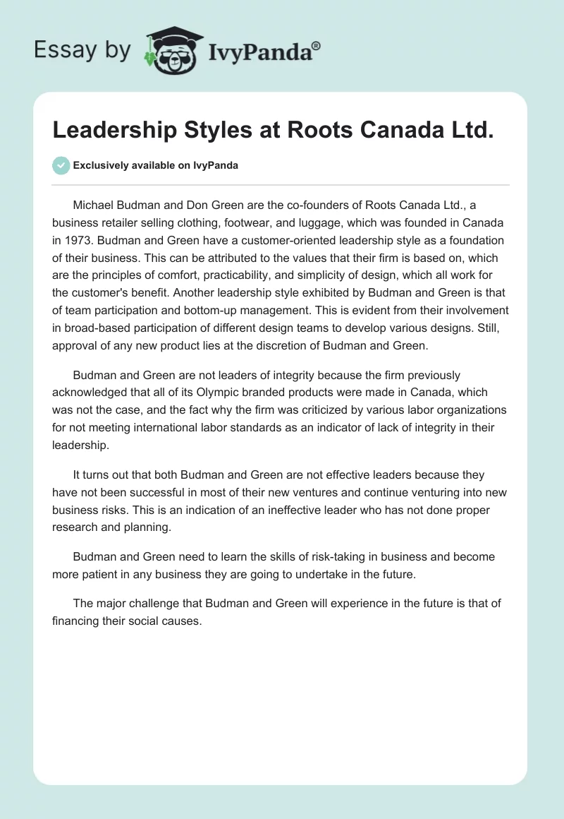Leadership Styles at Roots Canada Ltd.. Page 1