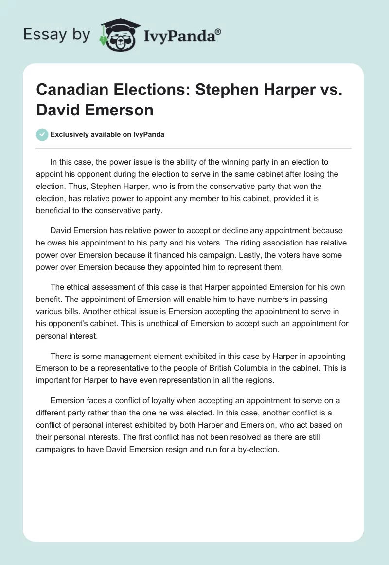 Canadian Elections: Stephen Harper vs. David Emerson. Page 1