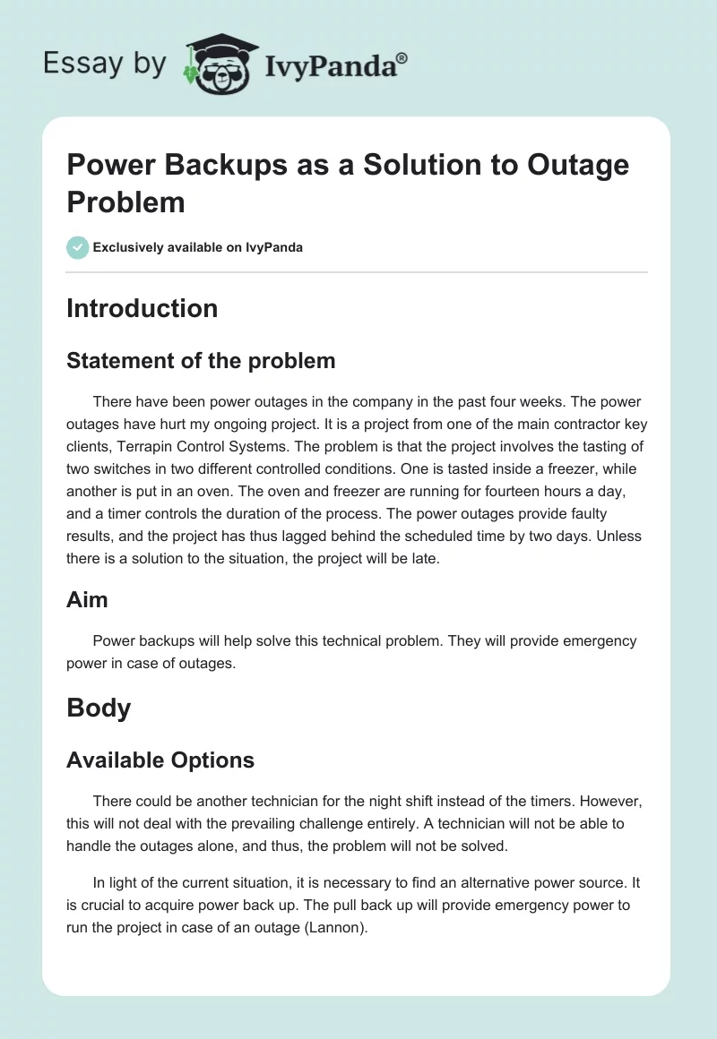 Power Backups as a Solution to Outage Problem. Page 1