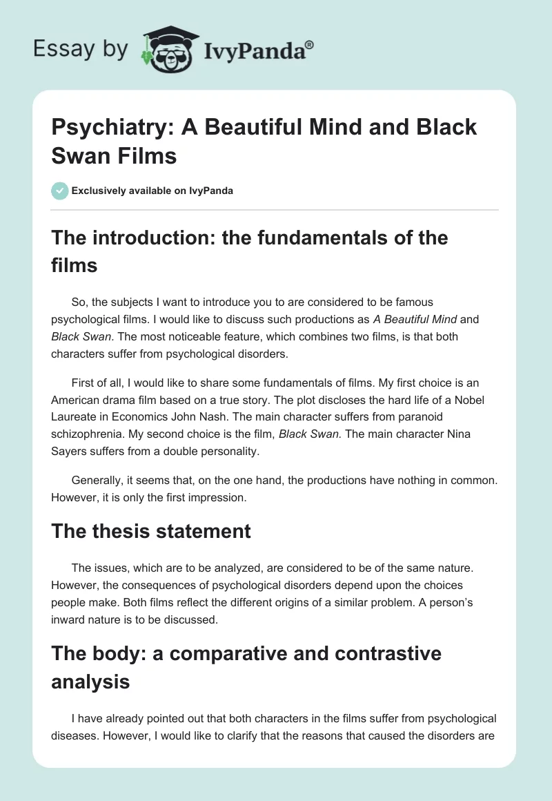 Psychiatry: "A Beautiful Mind" and "Black Swan" Films. Page 1