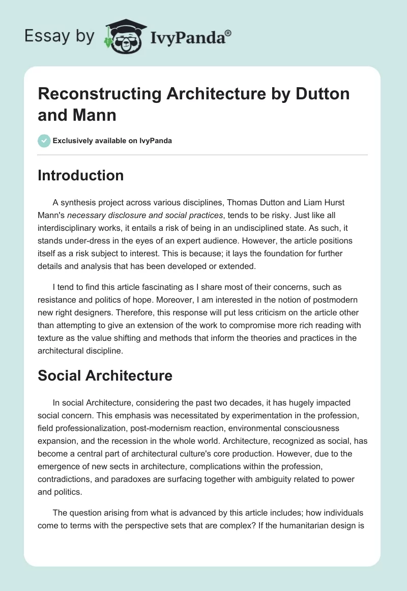 "Reconstructing Architecture" by Dutton and Mann. Page 1