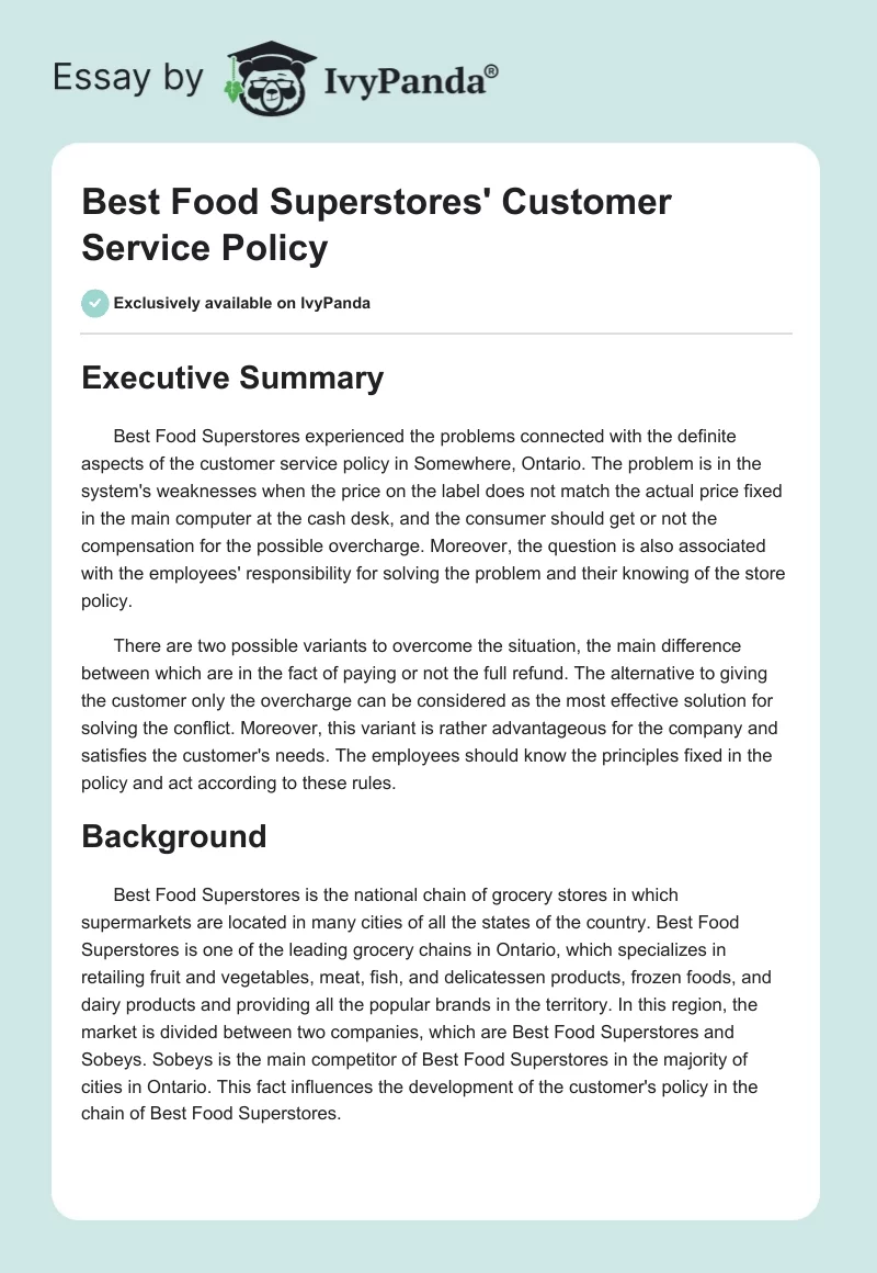 Best Food Superstores' Customer Service Policy. Page 1