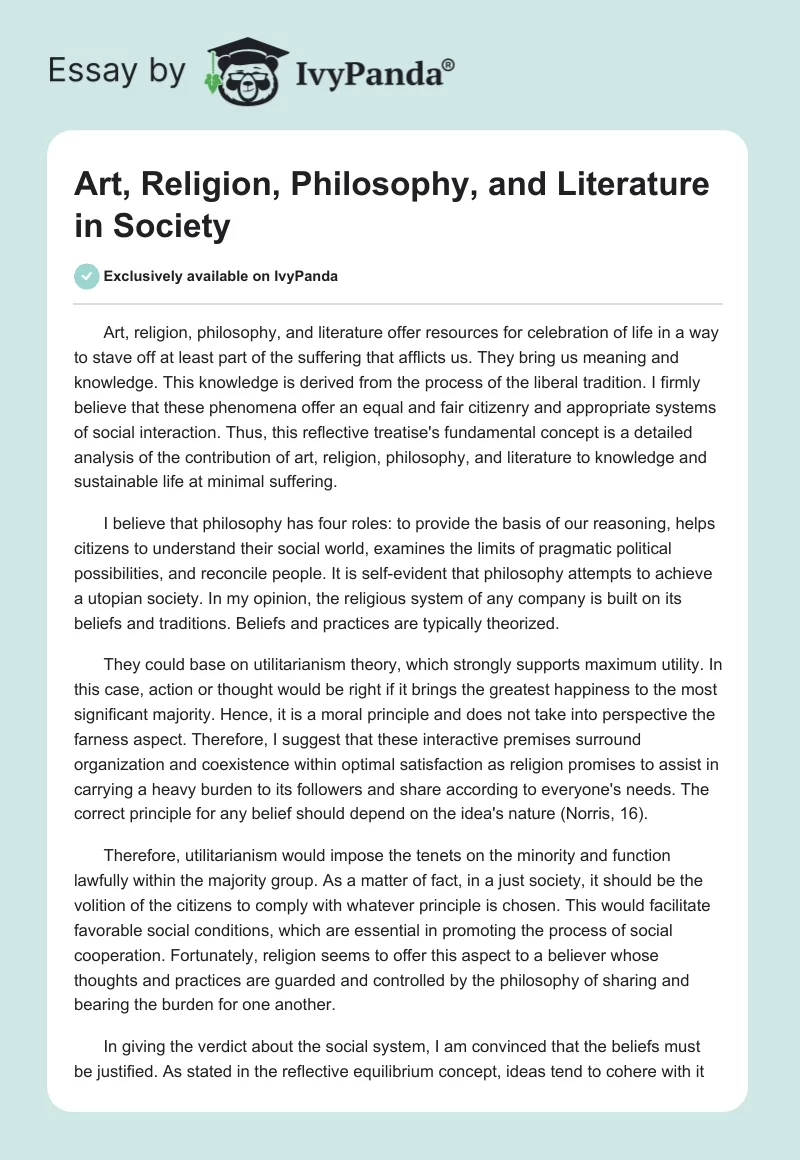 Art, Religion, Philosophy, and Literature in Society. Page 1