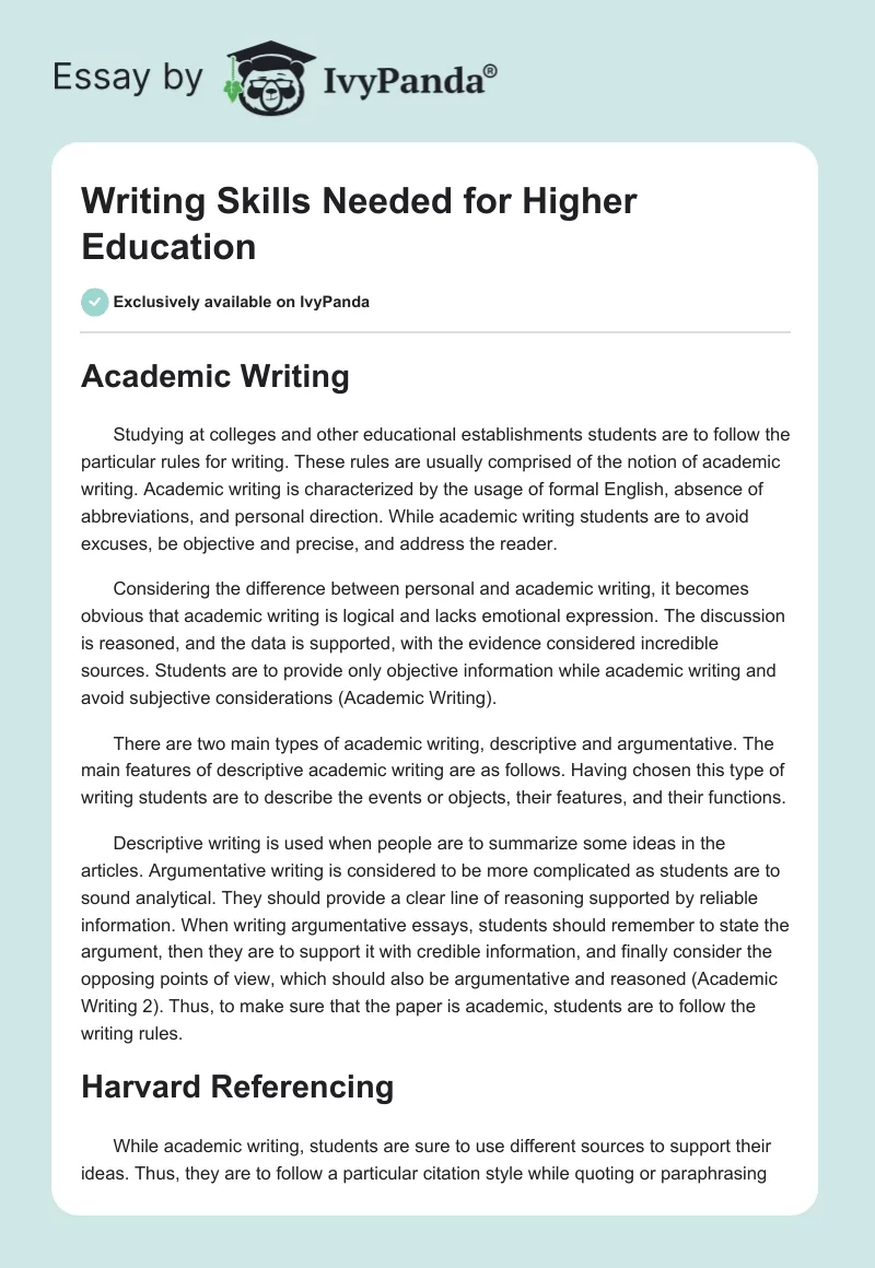 Writing Skills Needed for Higher Education. Page 1