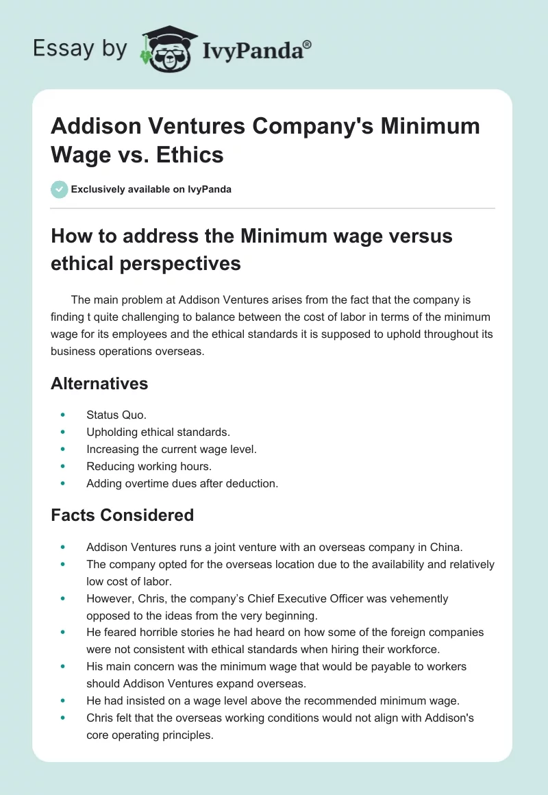 Addison Ventures Company's Minimum Wage vs. Ethics. Page 1