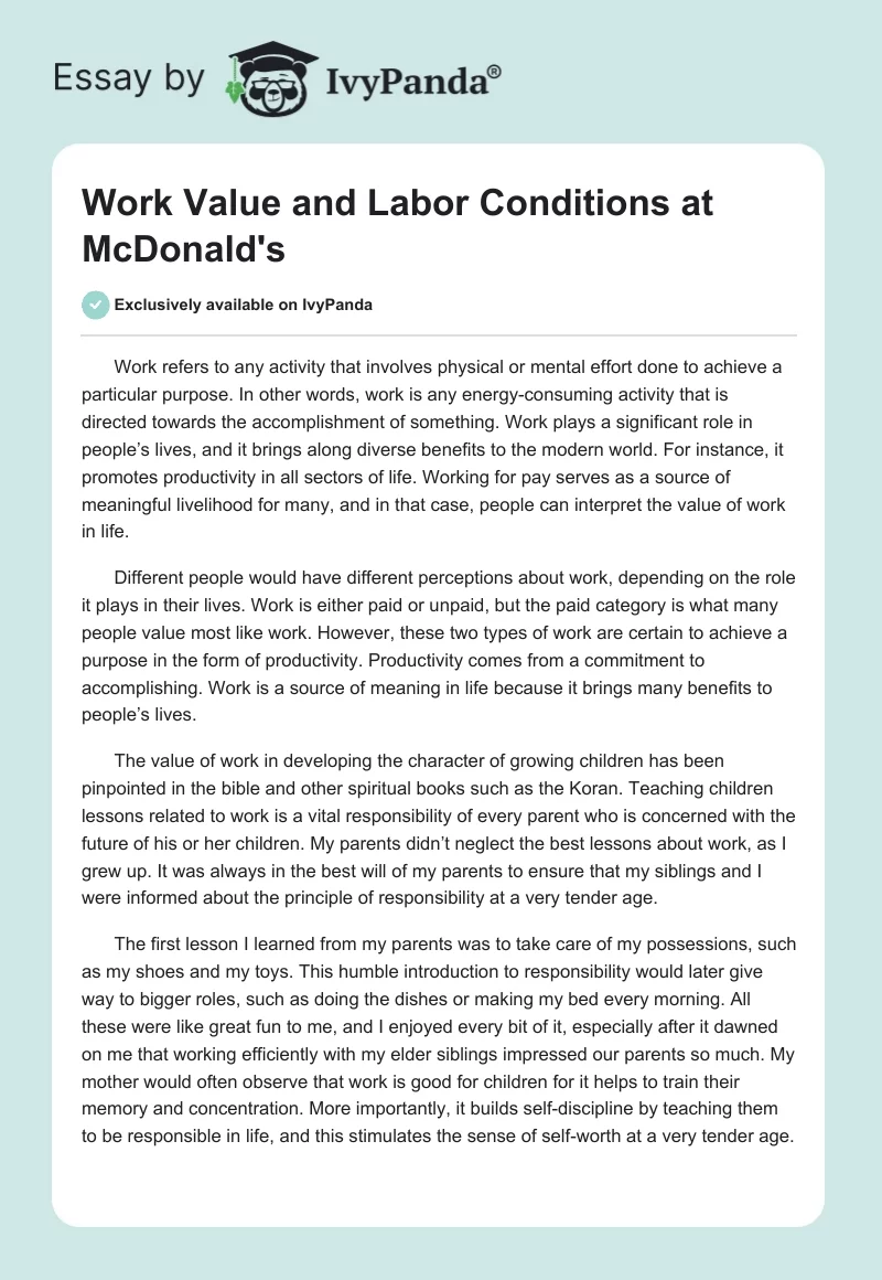 Work Value and Labor Conditions at McDonald's. Page 1