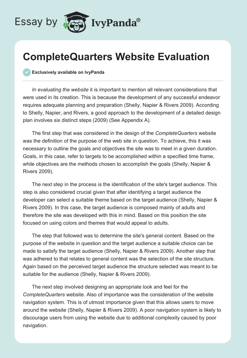 CompleteQuarters Website Evaluation. Page 1