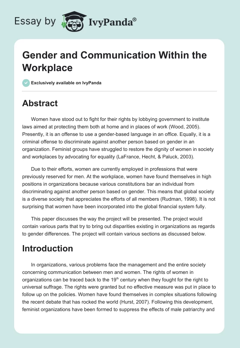 Gender and Communication Within the Workplace. Page 1